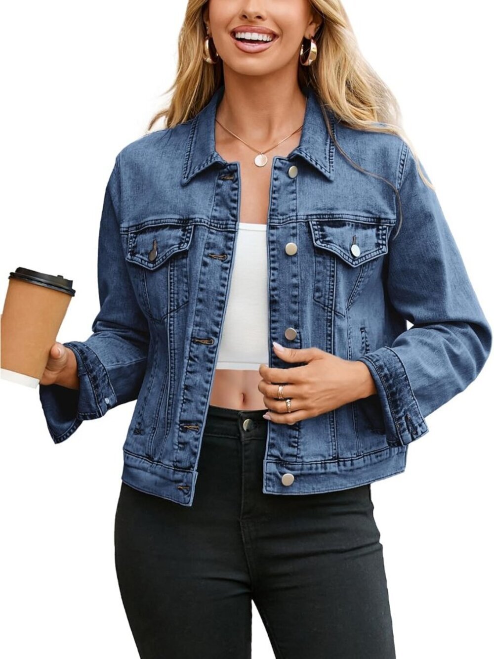 Women's Dark Blue Trendy Long Sleeve Denim Jackets Button Down With Pockets